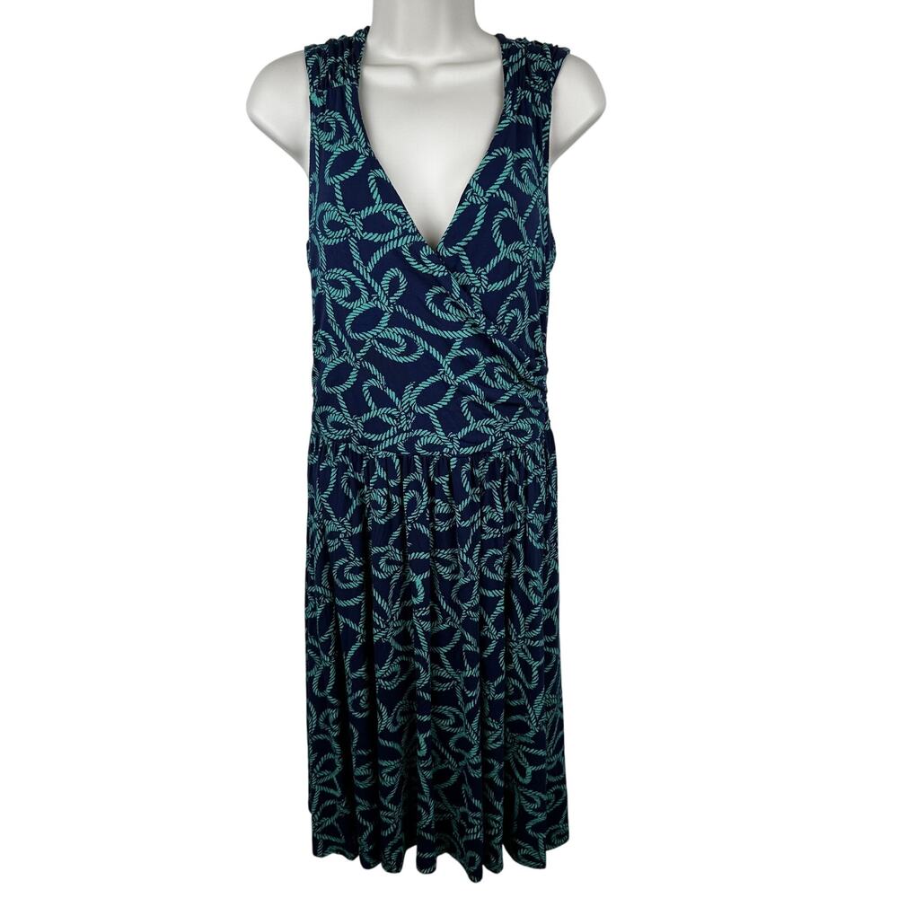 NEW Lands' End Faux Wrap Dress Nautical Rope Pattern Jersey Sleeveless Navy Sm